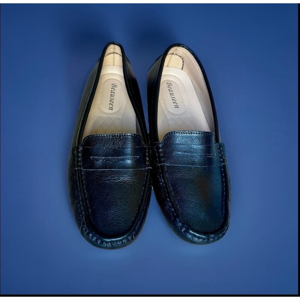 Beauseen Women’s Black Leather Penny Loafers Size 10.5 Comfort Slip-On Shoes